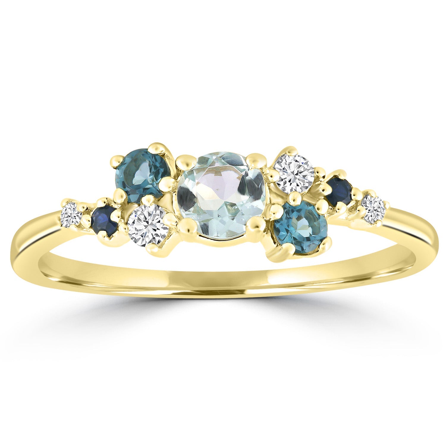 Diamond and Aquamarine Ring with 0.08ct Diamonds in 9K Yellow Gold